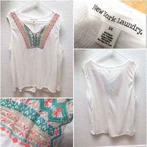 New York Laundry Embroidered Sleeveless Tunic Top - Cream with Turquoise & Coral
